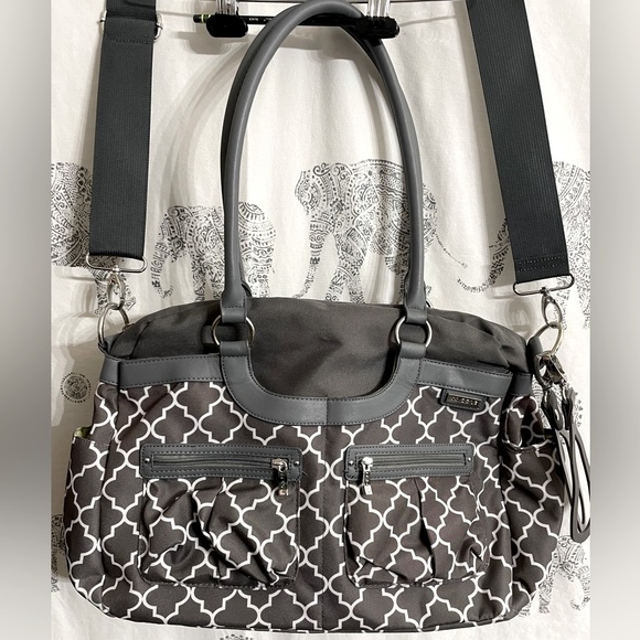 JJ Cole Satchel Stone Gray Diaper Bag with green interior excellent nearly new - Picture 1 of 9